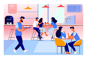 Coffee shop interior vector illustration. Young men and women drinking coffee at tables or counter. Modern cafe image for canteen or catering concept