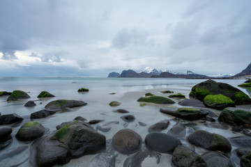 Fototapeta na wymiar Wet boulders and rocks in Lofoten islands during sunset and blue hours in spring. Long exposure photography. Traveling and explorer concept.