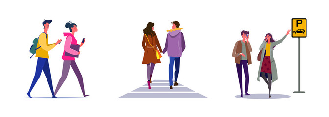 Set of couple walking around city. Flat vector illustrations of busy people ordering taxi. Walking outside, going out, public transport concept for banner, website design or landing web page