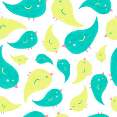 Cute birds. Seamless pattern.Hand drawn gouache on paper. Green, yellow elements on wite background. For printing, textile, scrapbooking, template