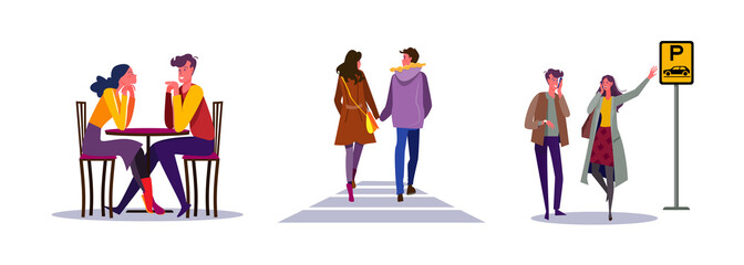 Set of couple on romantic date. Flat vector illustrations of man and woman waiting for taxi. Dating, romance, public transport concept for banner, website design or landing web page