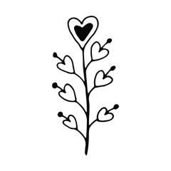A branch with hearts. Hand drawing doodle. Outline. Isolated on a white background. Suitable for design cards, greetings. Valentine's Day, Mother's Day, Women's Day. Stock vector illustration.