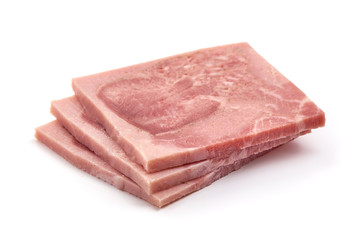 Sliced Boiled ham, marble meat, isolated on white background
