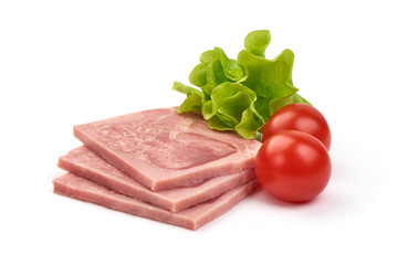 Marble boiled ham slices, isolated on white background