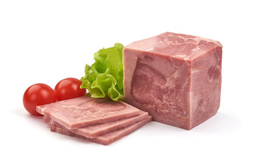 Sliced Boiled ham, marble meat, isolated on white background