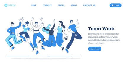 Plakat Teamwork landing page vector template. Team building courses website homepage interface idea with outline illustrations. Business cooperation, successful coworking webpage cartoon concept