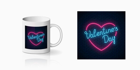 Valentines Day neon glowing festive sign on ceramic mug mockup. Love you text in heart shape on cup side.