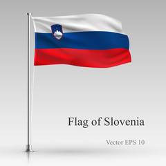 National flag of Slovenia isolated on gray background. Realistic Slovenia flag waving in the Wind. Wavy flag of Slovenia Vector illustration.