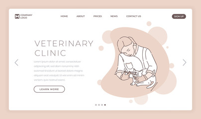 Obraz premium Veterinary clinic landing page vector template. Animal hospital website homepage interface idea with doctor treating cat illustrations. Medical services for pets webpage cartoon concept