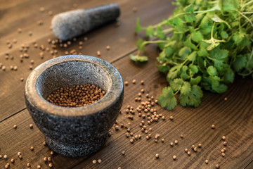 cilantro coriander seeds and leaves with granite mortar