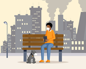 Man and dog in respirators illustration. African american guy sitting on bench in polluted industrial city cartoon character with factory on background. Urban air pollution, plants emitting smog