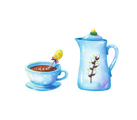 easter coffee pot and blue tea cup with spoon