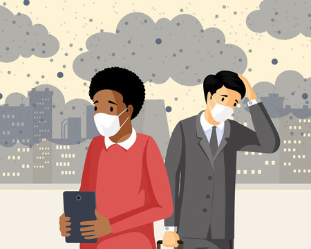 People inhaling smog flat vector illustration. Industrial emissions, co2 negative health influence, polluted city with gas waste. Sad men suffering from toxic pollutants, having breath problem