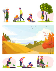 Fototapeta premium Happy gardeners set. Man and woman planting, gathering harvest, picking apples, fall landscape . Flat vector illustrations. Autumn, gardening concept for banner, website design or landing web page