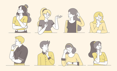 Naklejka premium Pensive, thoughtful people cartoon vector illustrations. Young guys and girls thinking, pensive, puzzled women, men with unsure faces. Female and male isolated contour characters searching solution