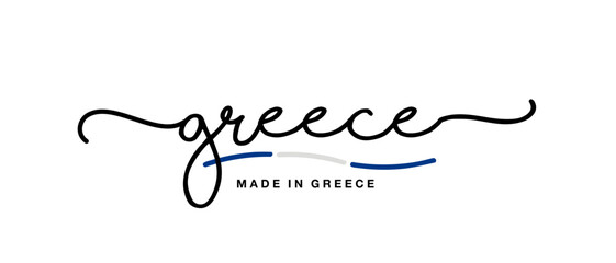 Obraz premium Wykonane w Grecji odręczny napis kaligraficzny naklejka z logo flaga wstążka transparent