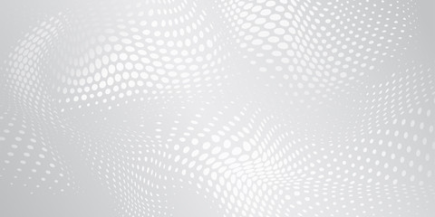 Abstract halftone background with wavy surface made of dots in white and gray colors