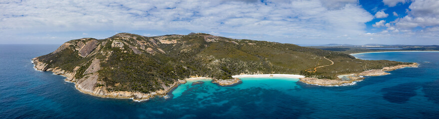 Dramatic aerial panoramic view of Waterfall Beach and Little Beach in Nanarup on the Rainbow coast,...