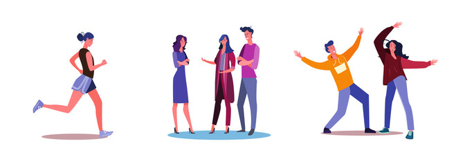 Set of friends dancing and talking together. Flat vector illustrations of woman jogging in sportswear. Fitness, communication, dancing concept for banner, website design or landing web page