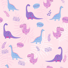 Cute seamless pattern with hand drawn dino in cartoon style
