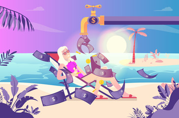 Obraz na płótnie Canvas Passive income woman - Girl on vacation lying on beach with a faucet spraying money. Easy money, earnings, salary and return on investment concept. Vector illustration.