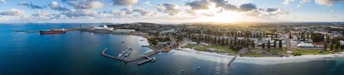 Esperance Western Australia November 11th 2019 : Aerial panoramic view of the town and industrial port of Esperance at sunset