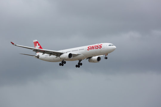 MIAMI, USA - MAY 4, 2016: Airbus A330 Swiss airline taking off from the Miami International Airport. Swiss is the national airline of Switzerland.