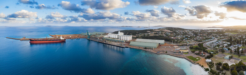 Aerial panoramic view of the industrial port of Esperance at sunset