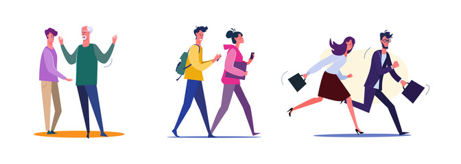 Set of students walking and running to their destinations. Flat vector illustrations of father and son arguing. Dispute, rush, walking concept for banner, website design or landing web page