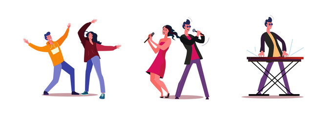 Set of people singing and dancing together. Flat vector illustrations of musician playing on keyboard. Music concert, performance, entertainment concept for banner, website design or landing web page
