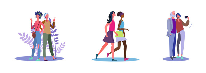 Fototapeta premium Set of cheerful friends posing and making selfie. Flat vector illustrations of women walking around together. Friendship, selfie, going out concept for banner, website design or landing web page
