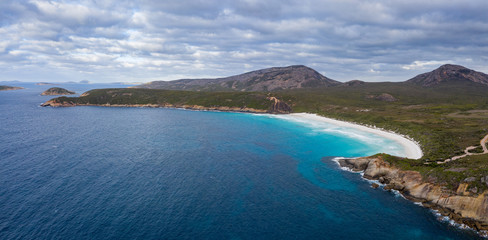 Aerial panoramic view of Hellfire Bay in Cape Le Grand National Park, Esperance, Western Australia