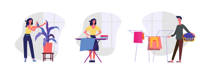 Set of man and woman doing domestic chores. Flat vector illustrations of couple hanging and ironing laundry. Household, domestic chores concept for banner, website design or landing web page