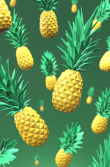 3D-illustration of flying pineapples against green background.