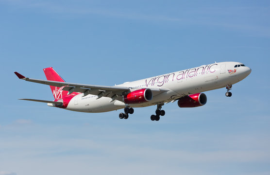 MIAMI, USA - DECEMBER 10, 2016: An Airbus A 330-300 plane from Virgin Atlantic landing at the Miami International Airport.