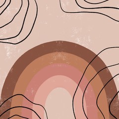 Modern abstract art with textured rainbow and black lines. Minimalistic boho style for design and decoration. Hand drawn illustration in pastel colors. Perfect for home and nursery decor.  © YuliiaHoncharuk
