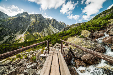 Cloudy Mountain Landscape with Wood Bridge for Hiking and Water Cascades during the Day in High Tatras, Slovakia © kaycco