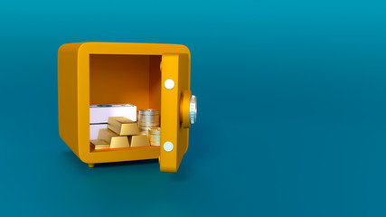 Orange safe  with gold and money on blue background. Hi resolution rendered 3d image. 