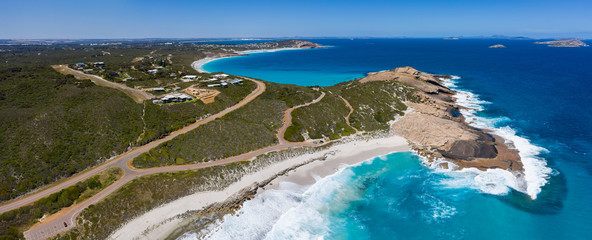 Aerial panoramic view of Lover's Cove, a beach located next to Twilight Cove in Esperance, Western Australia