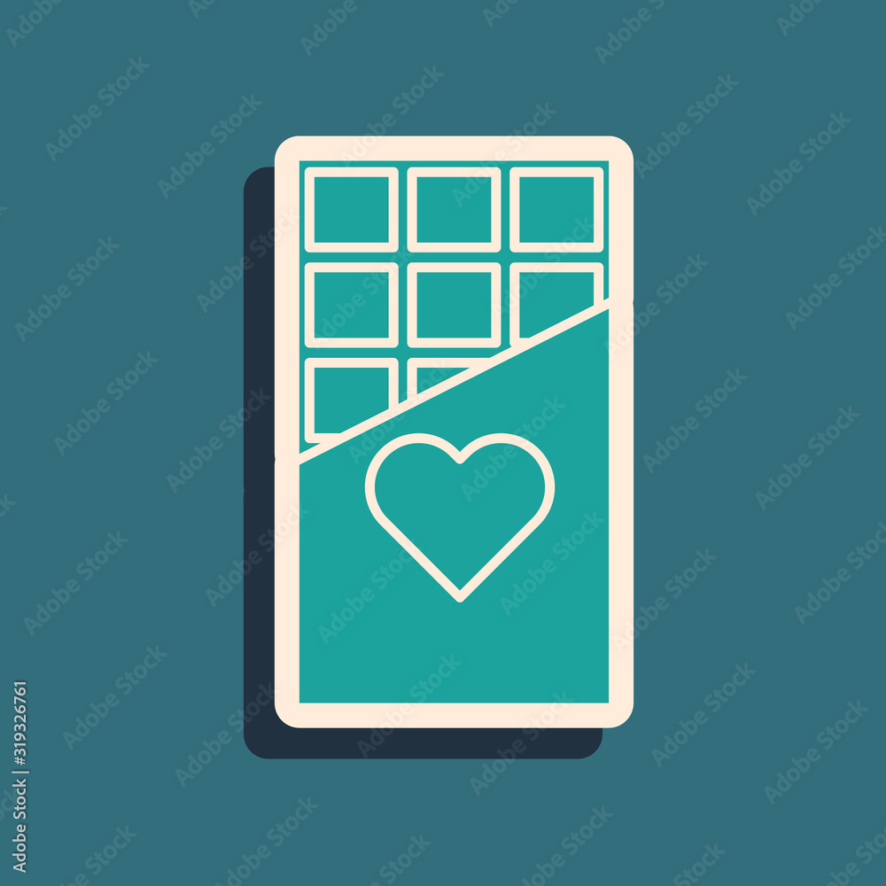 Poster Green Chocolate bar icon isolated on blue background. Valentines day symbol. Long shadow style. Vector Illustration