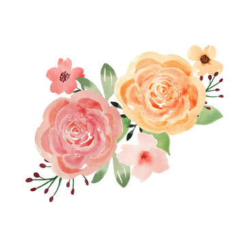Watercolor floral arrangement with pink and peach roses isolated on a white background.Watercolor element of flowers is suitable for wedding printing, invitations and cards.