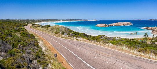 Aerial panoramic view of the road next to the beach at Twilight Cove, Esperance, Western Australia