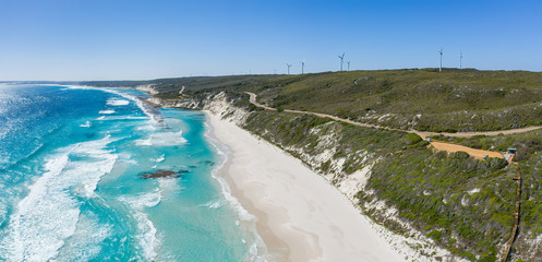 Aerial panoramic view of the wind farm  turbines on the coast at Ten Mile Lagoon Beach, near Esperance in Western Australia