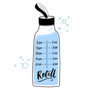 Reusable Water Bottle Decal With Timing Of Regular Water Intake. Hourly Marked Drinking Flask. Motivational Sticker Design.