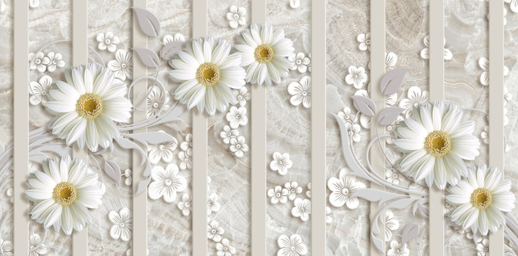 3d wallpaper, white chamomiles, vertical stripes, beige marble background © DiVNA