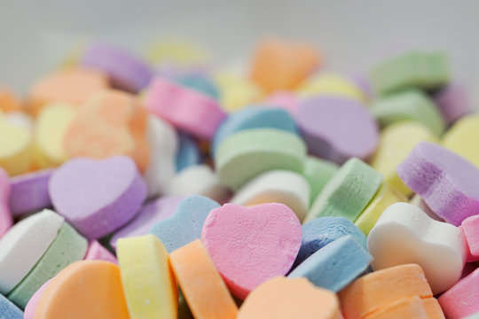 A bowl of sweetheart candies for Valentine's Day