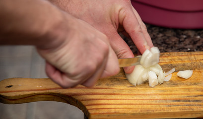 Slicing onion on wooden board