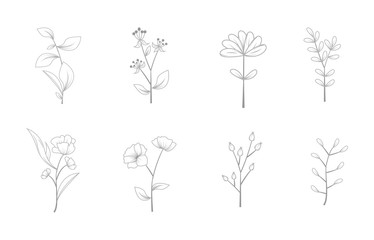 Hand drawn leaves line art ornament set vector eps 10