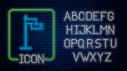 Glowing neon Medieval flag icon isolated on brick wall background. Country, state, or territory ruled by a king or queen. Neon light alphabet. Vector Illustration