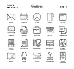 Office elements. Thin line style, icon set. Vector illustration.